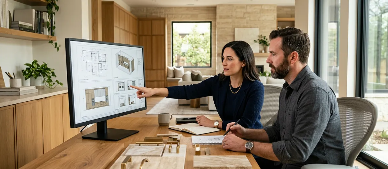 DWC designers reviewing interior millwork drawings with a client