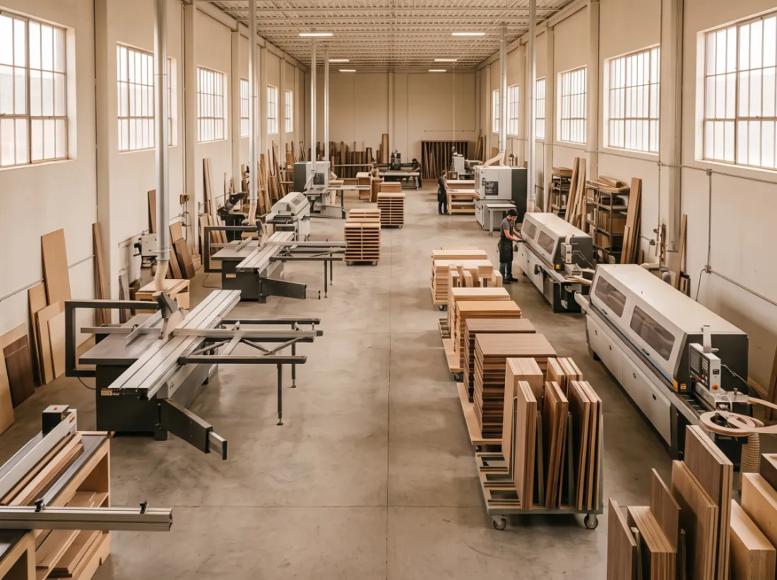 DWC Millwork factory with panel saws and stacks of veneered panels