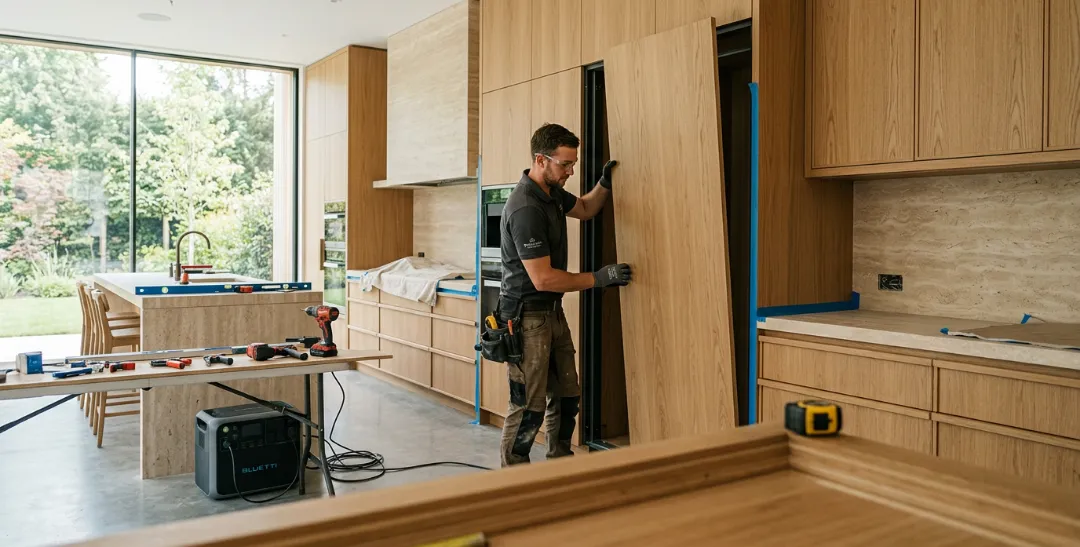 Installer fitting an oak wall panel on site