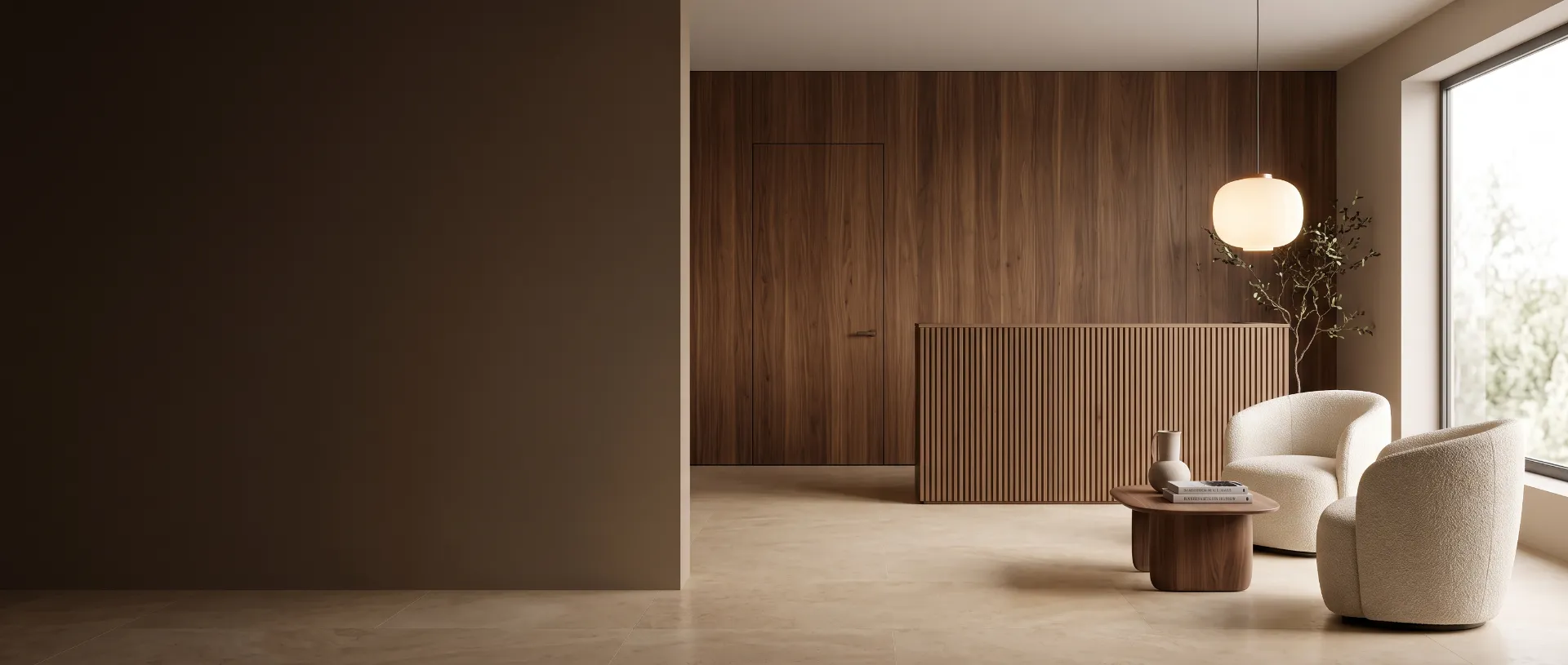 Reception lounge with a fluted walnut desk and walnut wall panelling