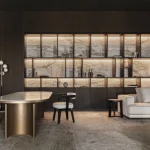 Dining area with a backlit fluted wall panel feature