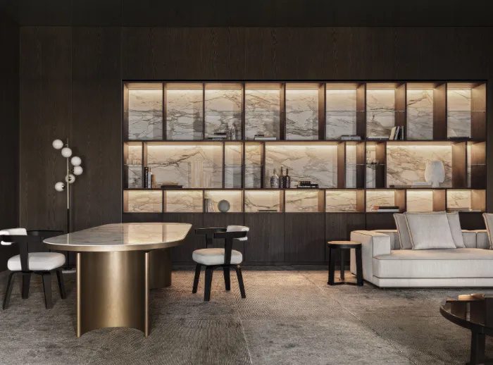 Dining area with a backlit fluted wall panel feature