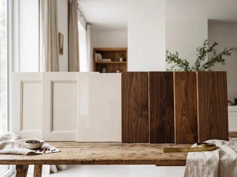 Cream lacquered cabinet doors next to walnut samples