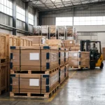 Crated millwork on pallets in a warehouse ready for export