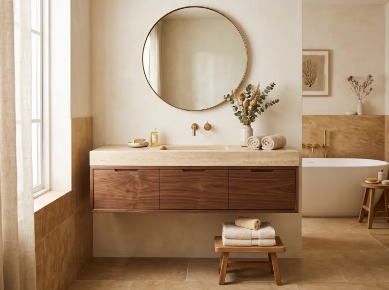 Floating walnut vanity with stone top in a calm bathroom