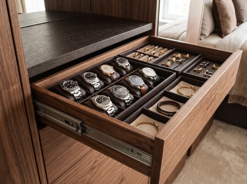 Walnut drawer with leather-lined organiser trays
