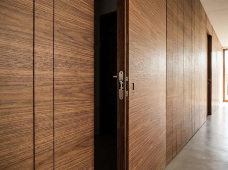 Flush walnut door slightly open showing the concealed hinge