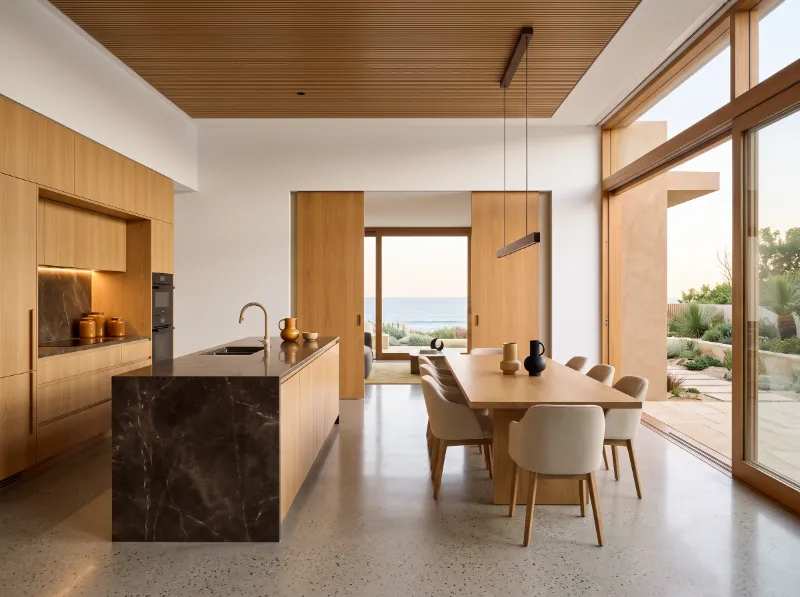 Villa kitchen and dining with oak cabinetry in Perth, Australia