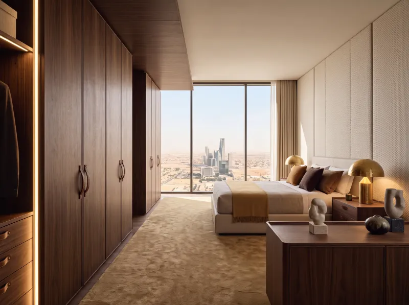 Hotel suite with walnut wall panelling, Saudi Arabia