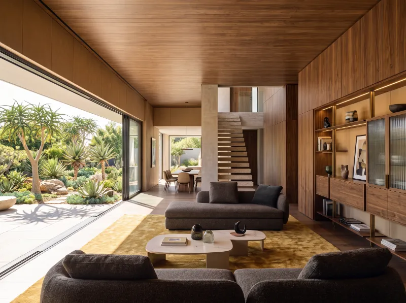 Whole house interior with walnut panels and built-in cabinetry, South Africa