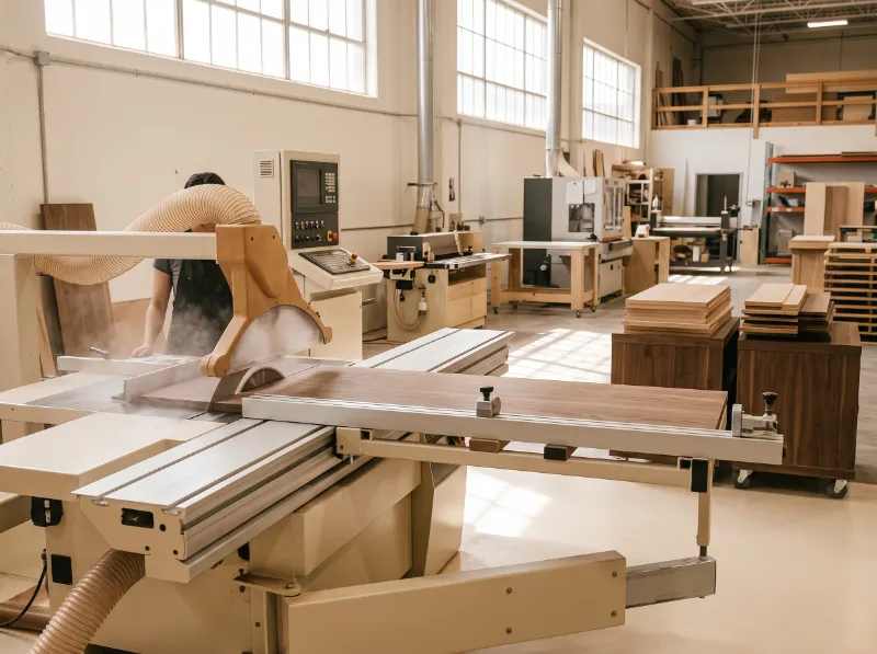 CNC panel saw cutting a walnut veneered panel