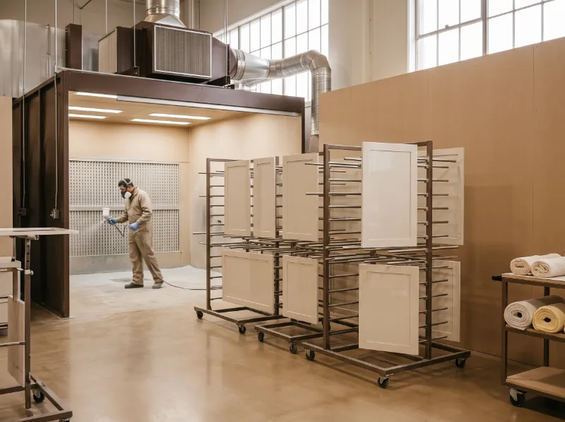 Cream lacquered cabinet doors drying in a spray booth