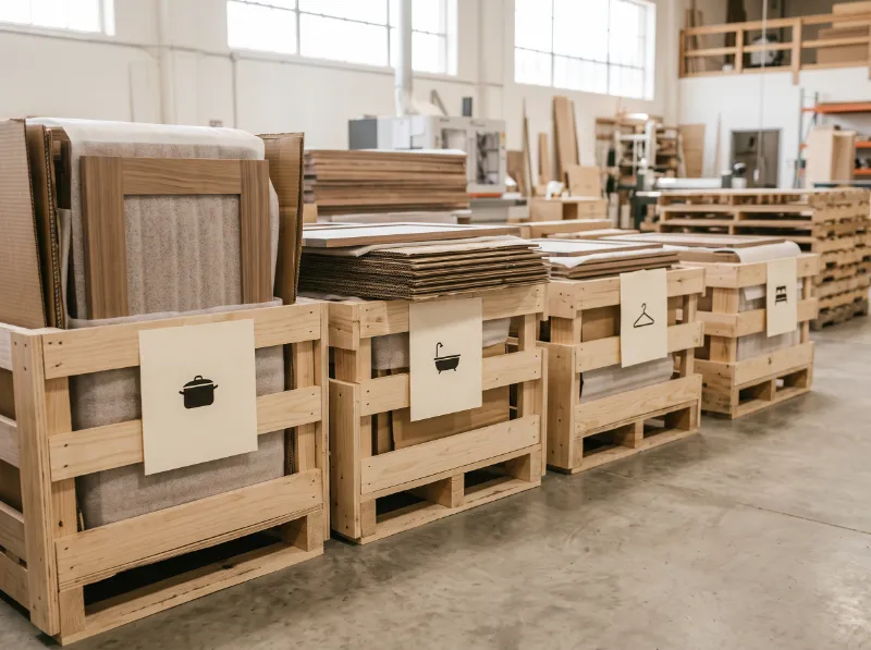 Cabinet doors wrapped and packed in wooden crates labelled by room