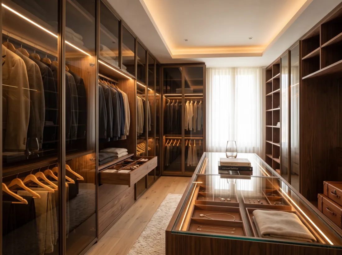 Walk-in closet with bronze glass wardrobes and a central island