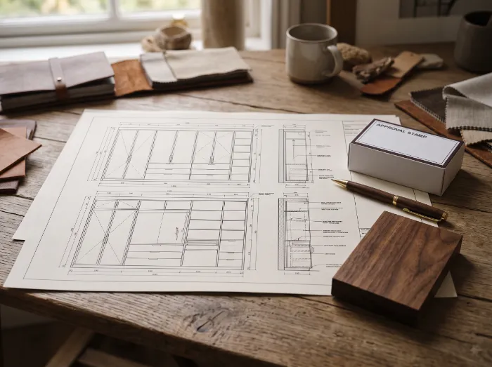 Printed production drawings of a wardrobe with a walnut sample