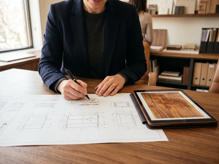 Client signing a production drawing next to a photo of the real veneer