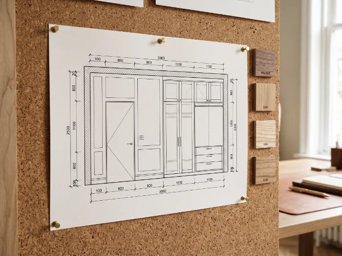 Elevation drawing of a wardrobe wall pinned next to veneer samples