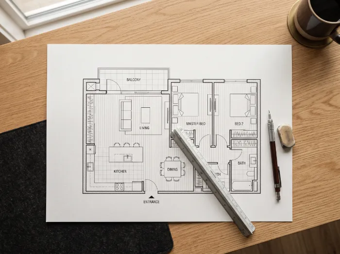 Apartment floor plan with cabinetry layout on an oak desk