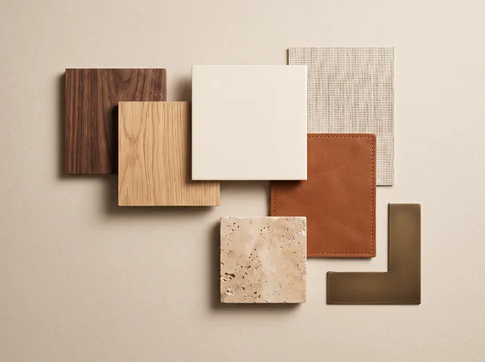 Material board with walnut, oak, lacquer, leather, stone and bronze samples