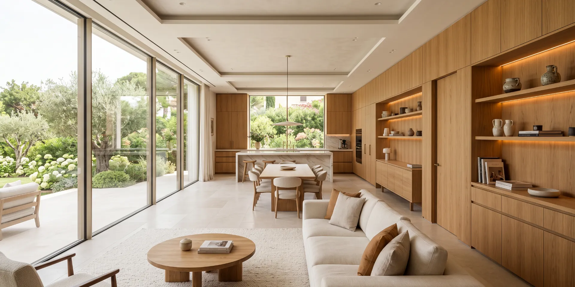 Apartment living space with oak cabinetry and wall panels