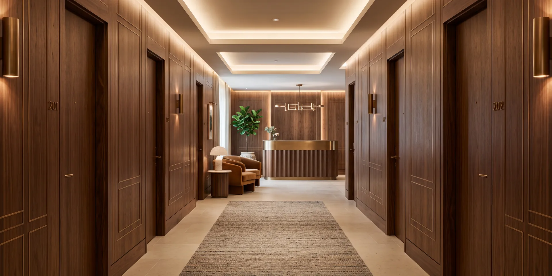 Commercial building corridor with timber wall panels and doors