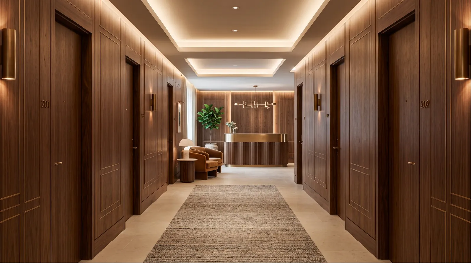 Hotel corridor lined with walnut panels and guest-room doors