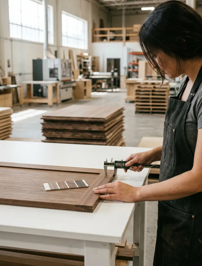 Craftswoman measuring a walnut door panel with a caliper in the DWC workshop